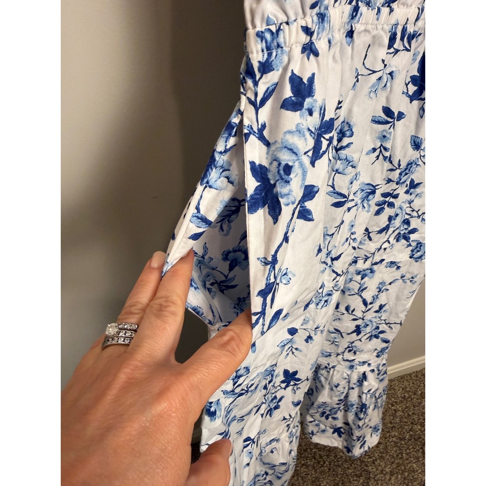 French Connection M Cotton Long Midi Dress Blue White Floral Coastal Cottage - Picture 4 of 10